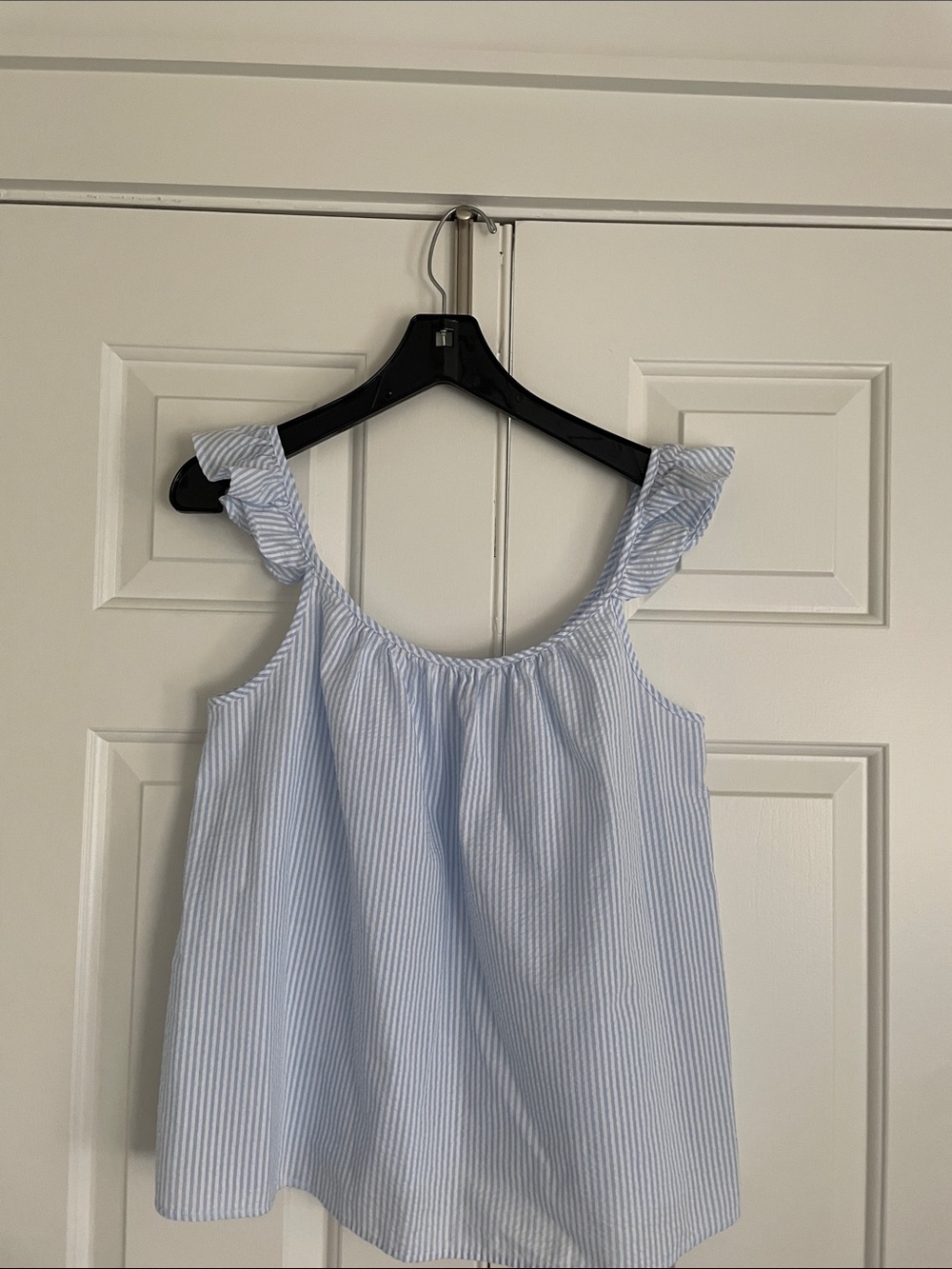 Joyspun Women’s Light Blue Striped Ruffle Strap Casual Top
